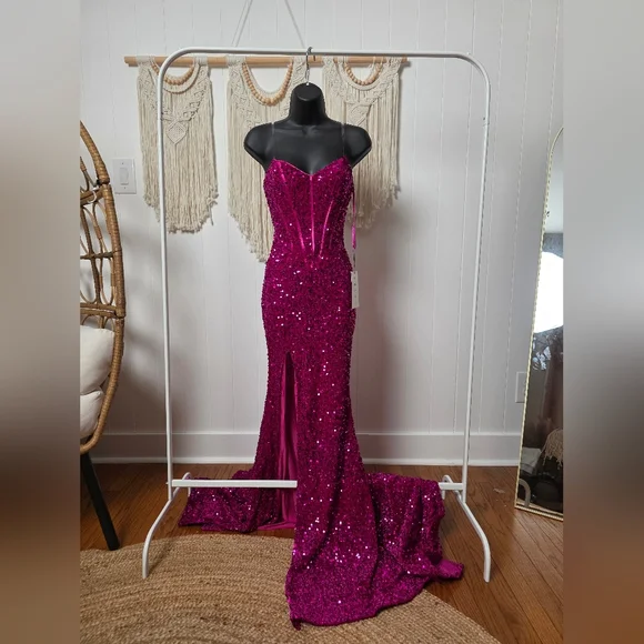 Velvi Dover Corset Gown V118 Fuchsia Sequin Prom Dress Size 0 NWT - Picture 1 of 6